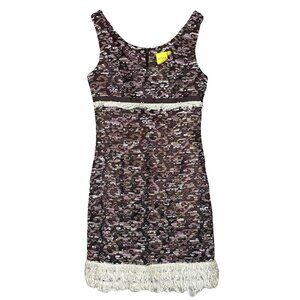 Aysha Tweed Knit Fringe Metallic Shimmer Cocktail Dress Brown Pink Ivory Size 2